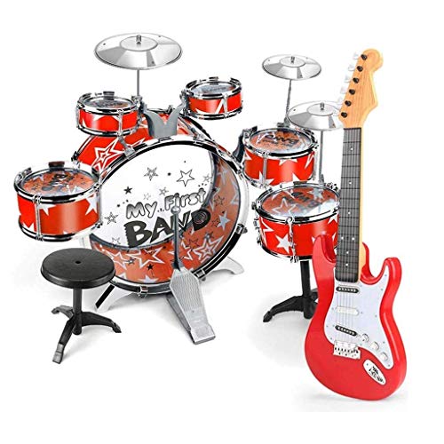 Juego de batería de Instrumentos Musicales para Principiantes, Juego de 3 platillos para niños con taburetes y Guitarra electrónica, Regalo de cumpleaños para niño y niña (Color :