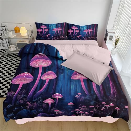 Hongo Rosado Juego Ropa Cama 3 Piezas,Funda Nórdica Microfibra,Compuesto por Funda Nórdica 230 X 220 Cm + Fundas Almohada 80X80Cm,Plantas De Fantasía Reversible Juego Ropa Cama