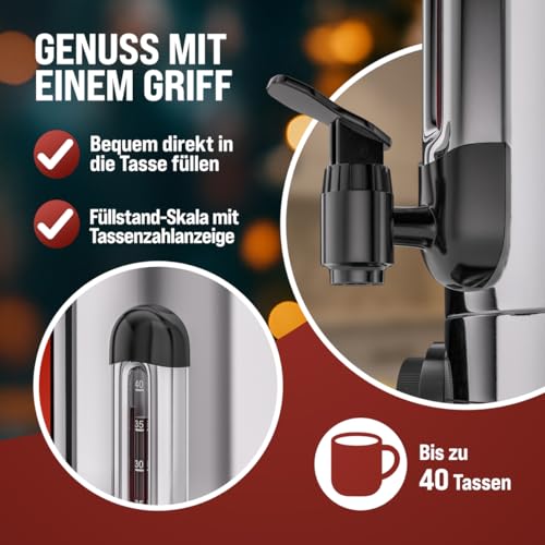 Foto von MONZANA Glühweinkocher 8,8L mit Hahn Tropfschale Edelstahl Thermostat 30-110°C Heißgetränkespender Einkochautomat Punschkocher Heißgetränkeautomat