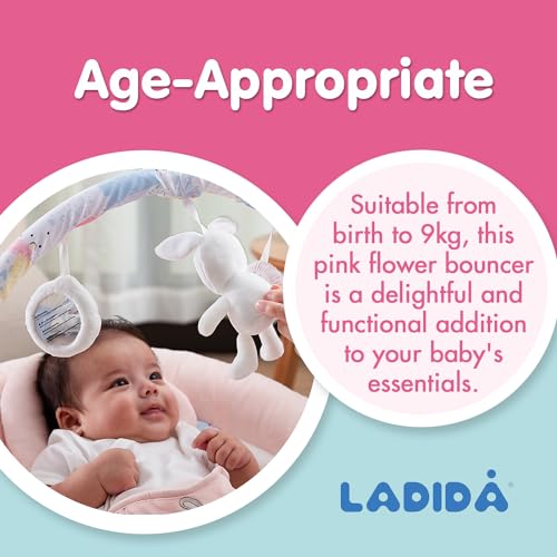 LADIDA weich gepolsterte Hasenwippe in Pink Baby Flower mit beruhigenden Vibrationen, Musikmelodien, weißem Rauschen, maschinenwaschbarem Sitzpolster, abnehmbarem Spielzeugbügel mit 3 Spielzeugen 076 – Bild 5