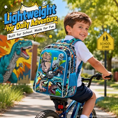 Image of CCJPX 3PCS Dinosaur Backpack for Boys, 16 Inch Water Resistant Preschool Bookbags, Cool Kindergarten School Backpacks and Lunch Box(Blue)