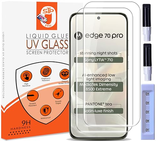 Image of STP FEEL Premium UV Tempered Glass Screen Protector Guard Compatible For Motorola Edge 70 Pro 5G (6.8 Inch, Pack of 2) Full Adhesive UV Curved Case Friendly HD Clarity with easy installation kit