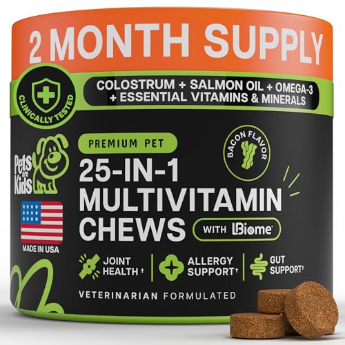 Pets are Kids 25-in-1 Dog Multivitamin - Pet Vitamins and Supplements with LBiome Colostrum & Salmon Oil for Gut Allergy Mobility & Immune Health - Bacon Flavored Dog Supplements - 60 Chews