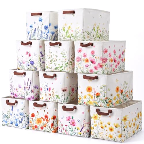 Image of Fourluoo 12 Pack Floral Storage Basket with Handles Clothes Storage Basket Bin Foldable Box Bins Organizer for Closet Shelf Nursery Kid Room Book Toy Chest