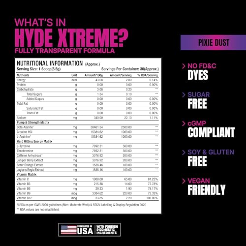 Image of Prosupps HYDE Xtreme - Hard Hitting Energy Pre Workout Supplement | Caffeine, Beta-alanine, Creatine HCl, L-arginine | For Muscle Pump, Vascularity, Strength and Focus | 30 servings, 195g (Pixie Dust)
