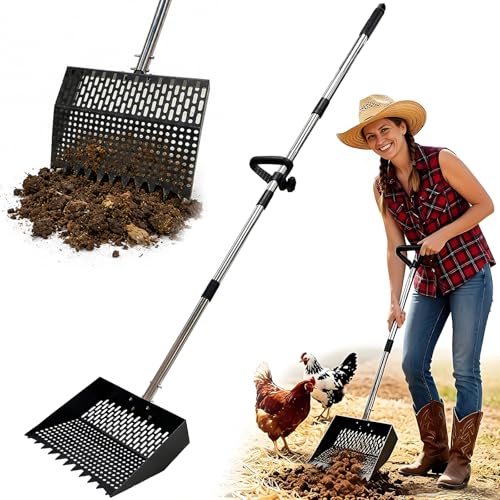 Saxhexx 12Inch Chicken Poop Scooper 2-in-1 Coop Scoop with Adjustable Stainless Steel Handle (24-64) Chicken Coop Rake Sand Sifting Chicken Coop Shovel for Farm Livestock Cleaning Tool