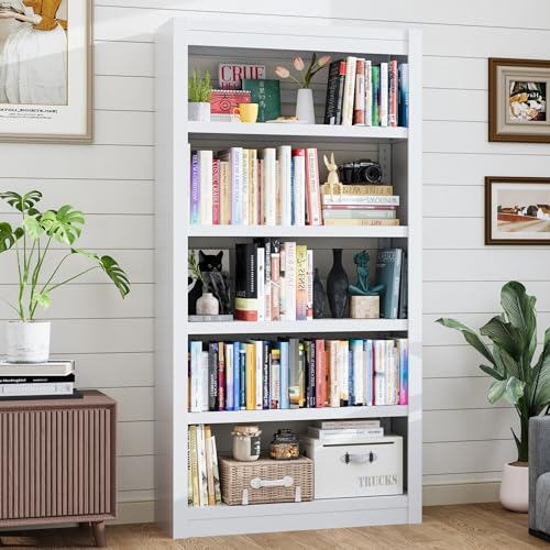 Image of 69 inch Metal Bookshelf and Bookcase | 5-Tier Adjustable Shelves, Deep Modern Storage Shelf for Living Room, Office, Bedroom, White