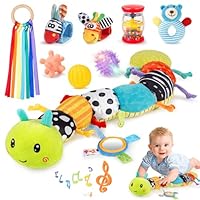 Joyreal Baby Toys 0-6 Months, 10pcs Newborn Sensory Toys Set, Baby Musical Caterpillar Toys, Rattles, Ribbons, Baby Essentials Sensory Box, Newborn Gifts for 3 6 9 12 Months
