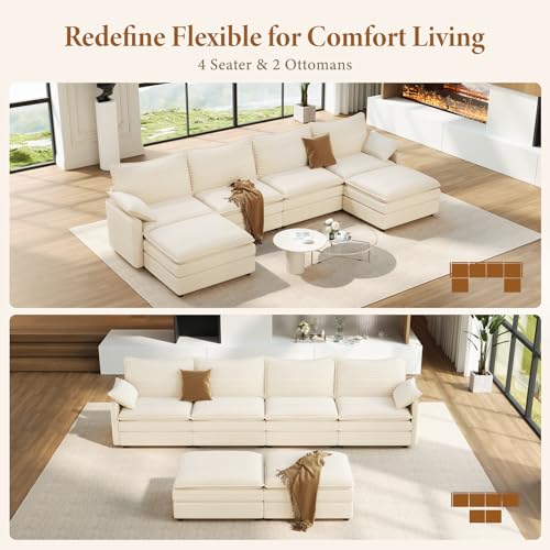 Image of Vesgantti 142 inch U Shaped Sectional Modular Couch, Comfy Cloud Sofa, Beige | Deep Seat Cloud Sectional Sofa with 2 Ottomans, Modern Corduroy Couches for Living Room, Office, Apartment