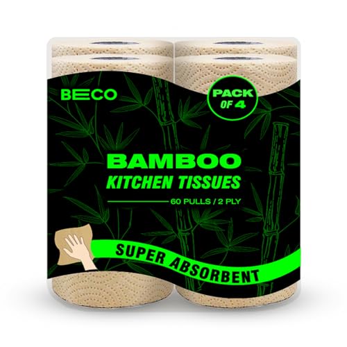 Image of Beco Bamboo -2 Ply Kitchen Tissue /Towel Roll | 240 Pulls (60 pulls x 4 Rolls) | 100% Eco-Friendly - Pure Bamboo Pulp |Soft & Super Absorbent | Food Safe & Chemical Free Tissue Papers