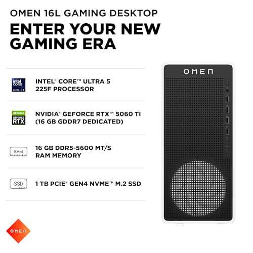 Image of HP OMEN 16L Gaming Desktop PC, Intel Core Ultra 5 225F, 16 GB RAM, 1 TB SSD, NVIDIA GeForce RTX 5060 Ti, Windows 11 Home, Microsoft Copilot, Panda Metal, TG03-0140 (2026)