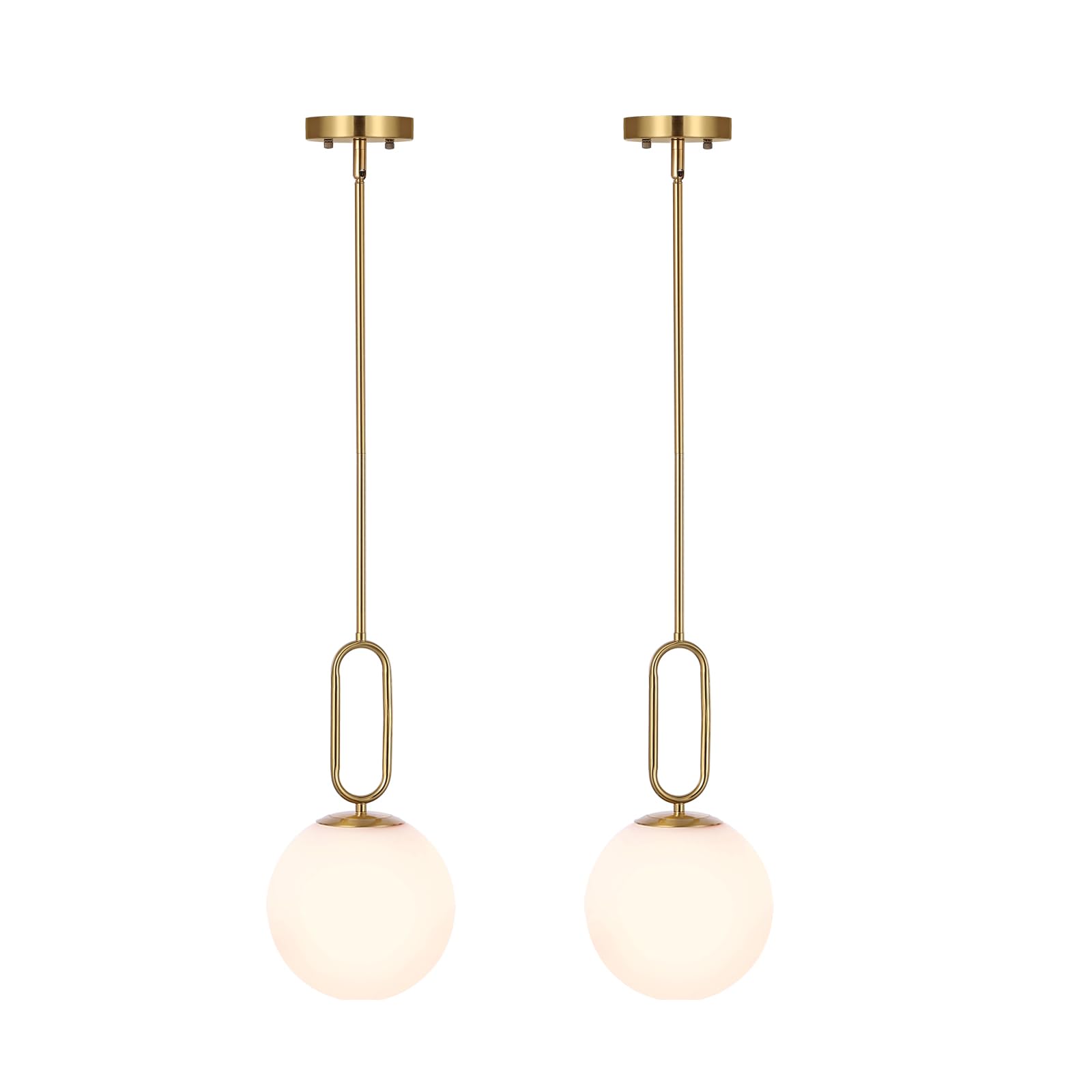 Modern Gold Globe Pendant Light White Globe Glass Shade 2 Pack Brushed Brass Finished Adjustable Rods Hanging Light Fixtures for Kitchen Island Living Room
