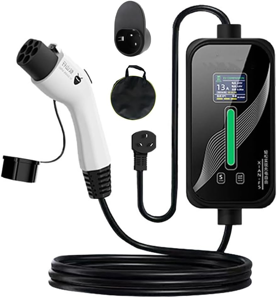 Cargador de coche eléctrico 3.5kW ajustable 8-16A cargador EV de con pantalla de usuario/temporizador/bolsa de almacenamiento IP66 impermeable para todos los vehículos eléctricos tipo 2/PHEV,10m