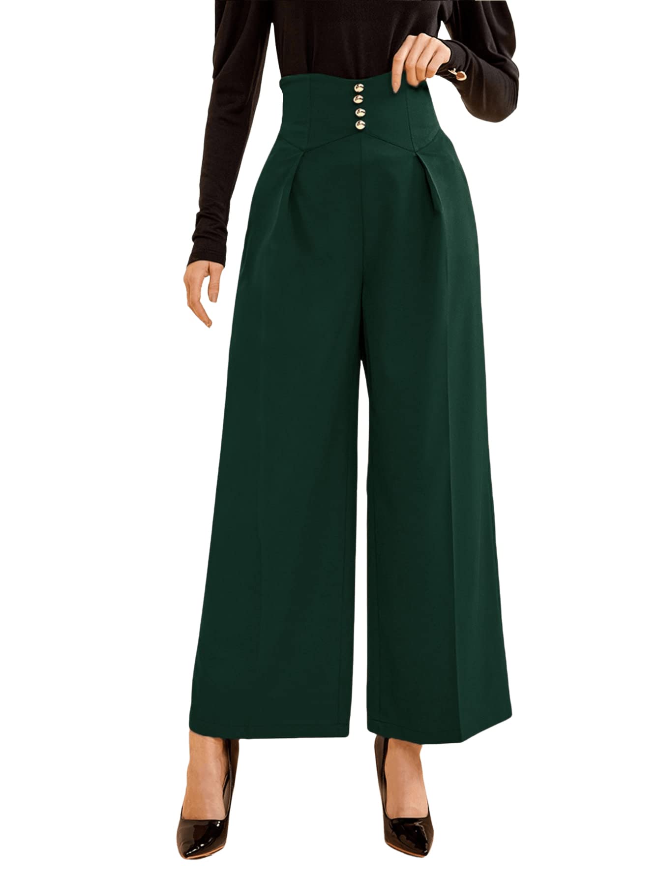 SweatyRocks Womens Elegant High Waist Pleated Pants Button Front Wide Leg Trouser Pants