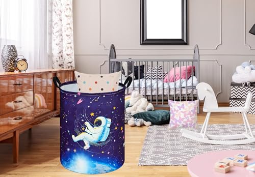 Image of Collapsible Kids Laundry Basket Clothes Hamper, Foldable Storage Organizer Bin, Toy Clothes Storage with Handles for Boys Girls Bedroom, Room Decor Astronaut