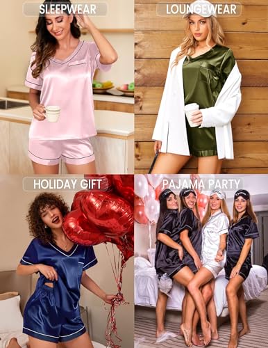 Image of Ekouaer Silk Pajama for Women Short Sleeve Satin Pj Set Two Piece Soft Sleepwear Loungewear S-XXL