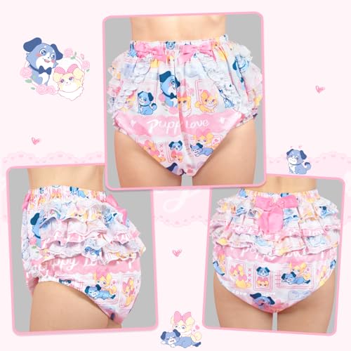 Image of LittleForBig Silky Washable Reusable Waterproof Ruffled Lace Bow Puppy Love Little Blue Pattern Ruffle Adult Diaper Cover L