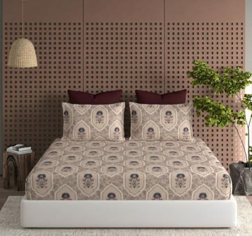 Image of DECOMIZER Cotton Feel All Around Elastic Fitted Glace Printed Queen Size Double Bed Bedsheet with 2 Large Pillow Covers Fits Upto Mattress of 8 Inches,Size - 60 x 78 x 10 Inches, Beige Vase Flower