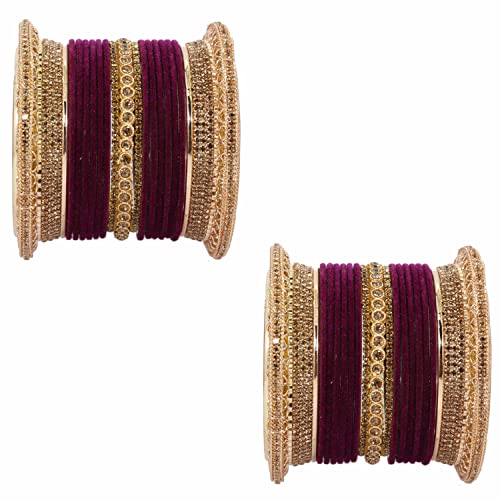 Image of NMII Non-Precious Metal with Base Metal and Studded with Zircon Gemstone Glossy Finished Traditional Velvet Bangle Chuda set for Women and Girls