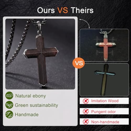 Image of Wooden Cross Necklace for Men with Stainless Steel Adjustable Chain 24-26in, Christian Wood Crucifix Pendant Gift for Him