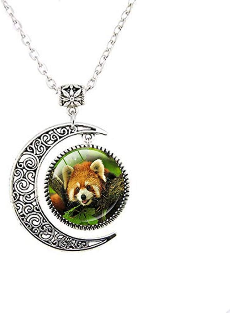 XLPINGRed Panda Bear Pendant Necklace Jewelry, Vintage Necklace Glass Animal Moon Necklace