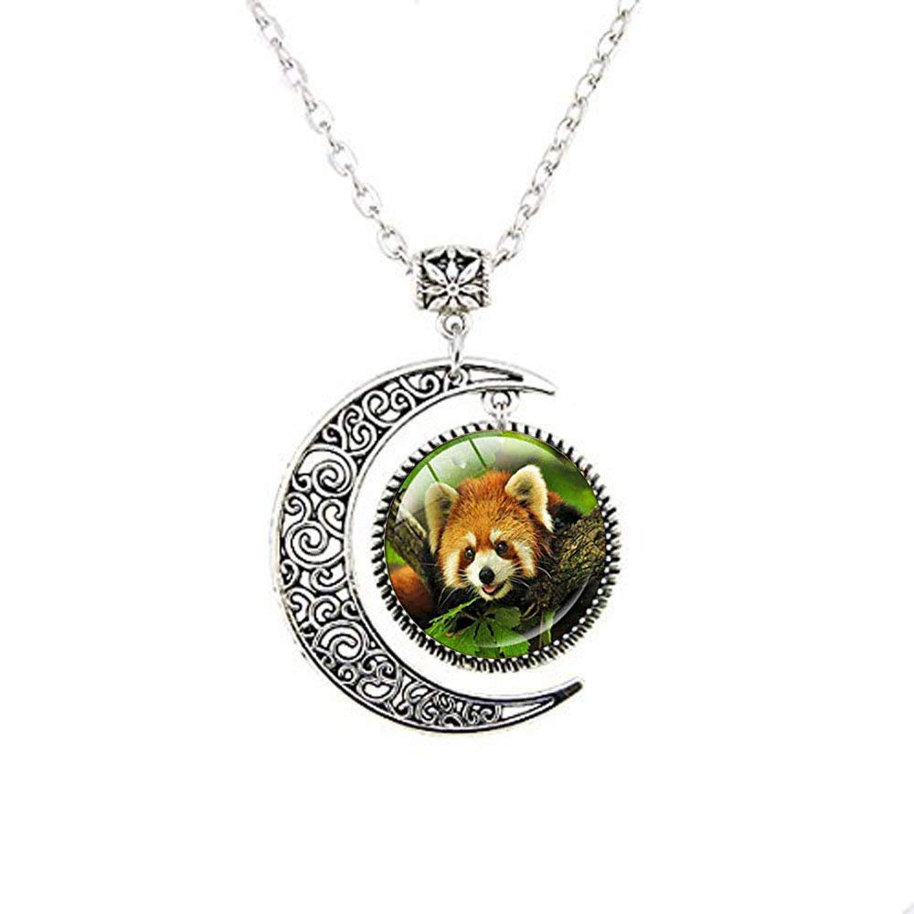 XLPINGRed Panda Bear Pendant Necklace Jewelry, Vintage Necklace Glass Animal Moon Necklace
