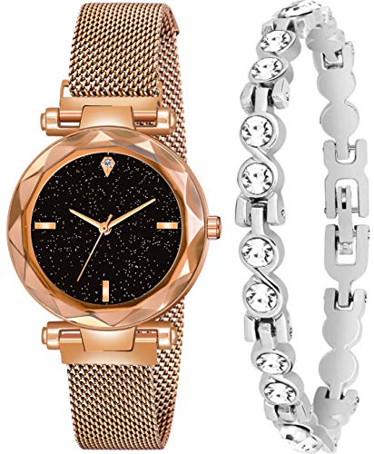Acnos Stainless Steel Premium Brand - A Brand Festival Special Rosegold Round 1 Diamond Magnet Belt With Silver Bracelet & Analogue Watch For Women Pack Of - 2, Black Dial, Silver Band