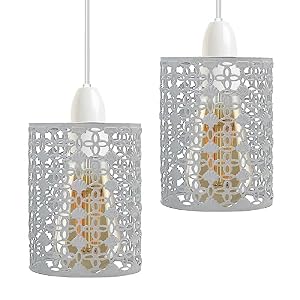 DC VOLTAGE 2 Pack of Industrial Metal Bulb Guard Drum Shaped Lampshades for Ceiling Pendant Lights, Indoor Easy Fit Wire Cages for Kitchen, Hallways (White)