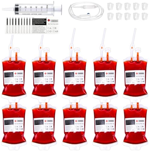 10 Stück Halloween Blutbeutel zum trinken mit Clips Blutart Aufkleber und Fast Füllen Spritze 350cc Halloween Deko Trinkgefäß für Cosplay Vampire Zombie Party Krankenschwester Requisit Erwachsene