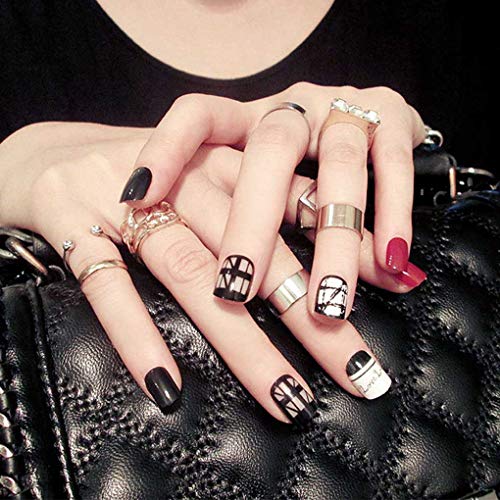 Olbye 24Pcs Glossy Fake Nails Stripe Medium Short False Nails Full Cover Artificial Nails for Women (Square edge)