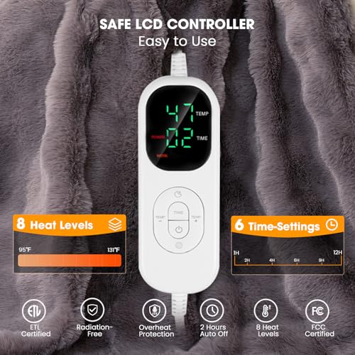 Image of Fotgear Heated Blanket Electric Throw - Soft Cozy Faux Fur Bubble Electric Blankets with 6 Time Settings, 8 Heating Levels, Fast Heating & Overheat Protection, Machine Washable (59 inch x 79 inch, Gray)
