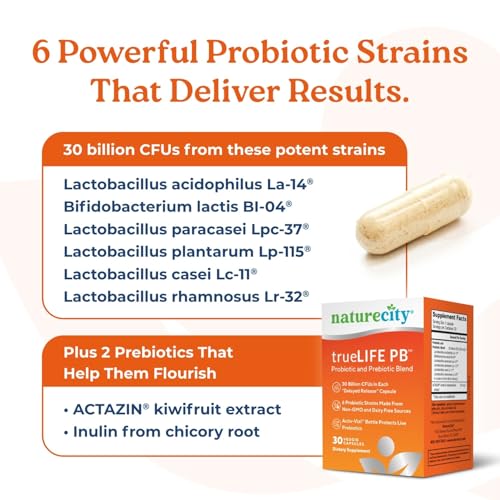 Image of NatureCity True-Life-PB Shelf Stable Blend Prebiotics and Probiotics for Women and Men - Digestive Gut Health Supplements for Women and Men - Dairy Free - (30 Veggie Capsules) (Pack of 2)