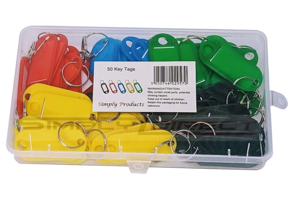 50pc Key Tags with Split Ring Key Fobs Labels ID Keyring Tags for Home, Office, Luggage, Keys, Memory Stick Tags and More, 5 Colors with Plastic Box