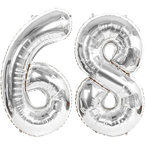 2 globos con el número 68 plateados para cumpleaños XXL de 100 cm, globos con número 68, globos de helio 68, globos gigantes para fiesta de cumpleaños