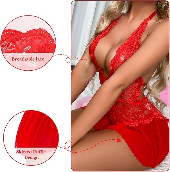 WBDWWTD Nuisette Sexy pour Femme en Dentelle Florale - Body Dos Nu en V Profond - Une pièce Dos Nu - Chemise de Nuit Creuse - Jupe en Maille - Patchwork - Chemise de Nuit pour Femme pour la