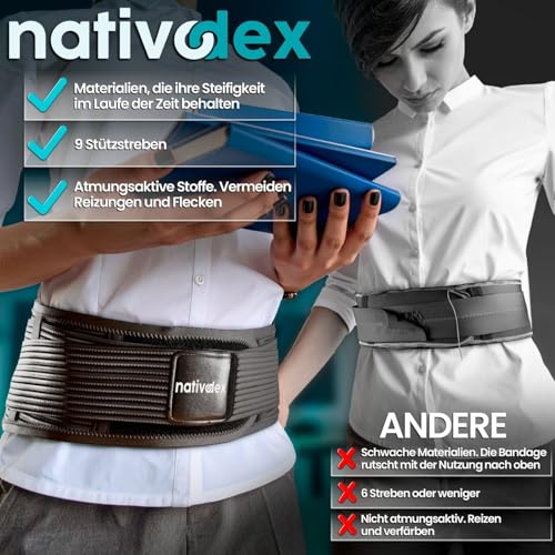 NativoDex Rückenstützgürtel - Rückengurt zur Stabilisierung der Lendenwirbelsäule - Lendenwirbelstütze für den unteren Rücken mit Stützstäben zur Verminderung von Rückenschmerzen