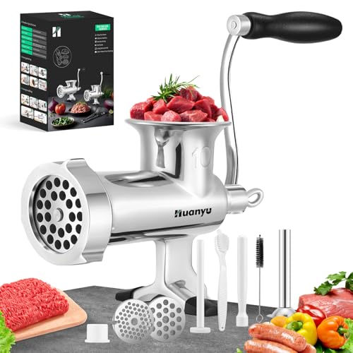 Huanyu Manual Meat Grinder-Heavy Duty Stainless Steel, Hand Crank Grinding Machine for Sausages&Meat-Dishwasher Safe, Multifunctional-Perfect for Home Use&Outdoor with Chicken, Beef, Small Bone (NO10)