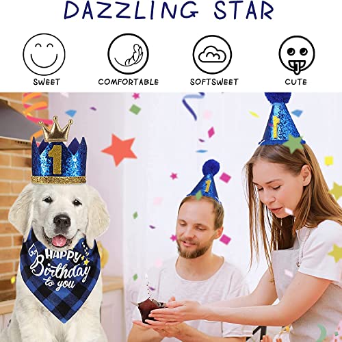 Krone Hund Geburtstagsmütze, 4 Stück, niedlicher Hunde-Geburtstagsmütze und Bandana mit Hundefliege und goldenen Zahlen, wiederverwendbar für Haustiere Welpen Katzen kleine mittelgroße Hunde (blau)