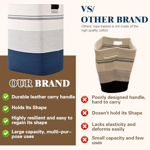 Image of Laundry Hamper, 95L Tall Laundry Basket with Leather Handles, Rectangle Large Clothes Hamper for Organizing, Cotton Woven Laundry Baskets Storage Hampers for Bedroom, Nursery, Living Room