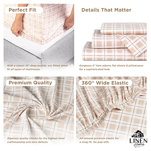 Image of Linen Home Cotton Lyocell Blend Percale Sheet Set Queen Size - 4 Piece Deep Pocket Bedding, Pre-Washed & Shrunk, Crisp Cooling Fabric, Fade-Resistant, Hotel Luxury, Wrinkle-Free - Checks Yellow