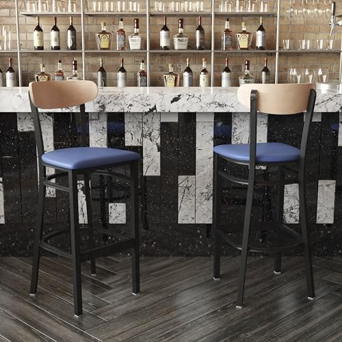 Image of Flash Furniture Wright Set of 2 Commercial Barstools - Natural Wood Boomerang Back - Blue Vinyl Seat - 500 LB. Capacity Black Steel Frame - Integrated Footrest