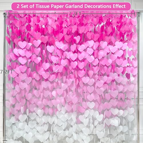 Image of 205 Ft Hot Pink Party Decorations Ombre Pink White Heart Backdrop Streamer Tissue Paper Heart Hanging Garland for Birthday Bachelorette Valentines Day Wedding Bridal Shower Engagement Party Supplie
