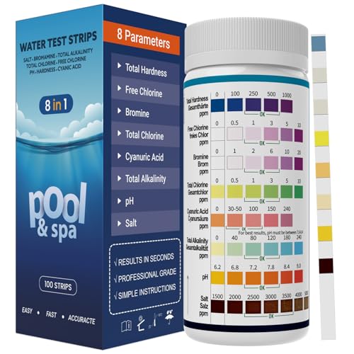 AKSBTEC 8 en 1 Bandelette Sel Piscine Testeur pour Piscines et Spas - 100 Bandelettes Test Sel, Brome, Chlore, Ph, Alcalinité, Dureté, Acide Cyanurique