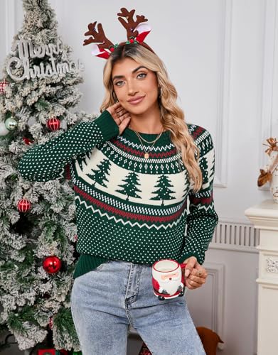 Image of Women's Fair Isle Sweater Crew Neck Long Sleeve Heart Sweater Vintage Tops