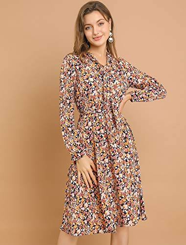 Allegra K Women's Tie Neck Dresses Chiffon Long Sleeve Belted Vintage Floral Dress2
