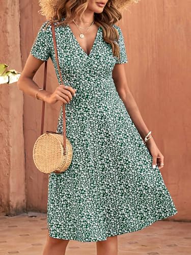 Image of MSBASIC Womens Summer Wrap V Neck Casual Dresses Floral Short Sleeve A-Line Midi Sundress