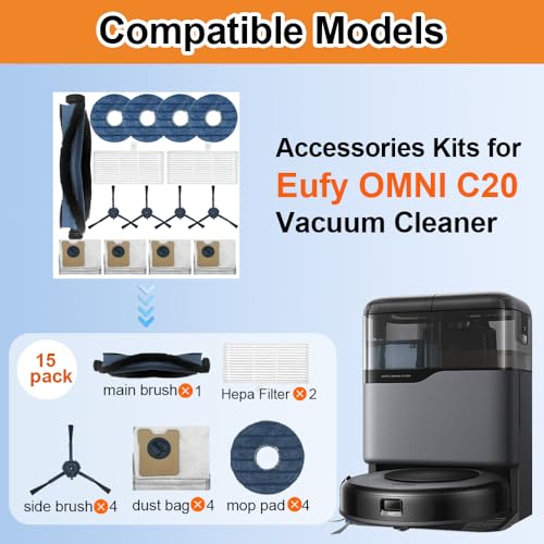Image of 15pack Omni C20 Accessories, Replacement Parts Compatible with Eufy Omni C20 Robot Vacuum Cleaner, 1 Set Main Brush, 2 HEPA Filter, 4 Side Brushes, 4 Mop Pad, 4 Dust Bags