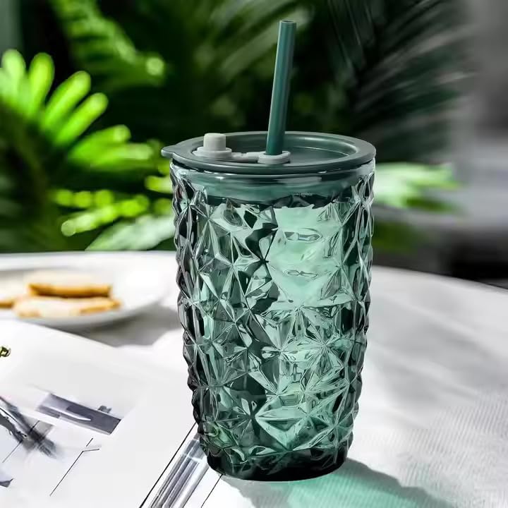 Image of Coffee Mug with Straw & Lid - Multipurpose Mason Jar Style Can Sipper for Green Tea, Milk, Juice, Smoothies & More - Reusable Drinking Cup for Home & Office (diomand Shape Glass)