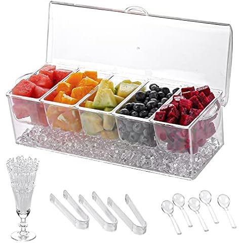 IVYHOME Chilled Condiment Server | Clear Icy Condiment Bar | Chilled Condiment Tray with Lid and 5 Removable Compartments Cover