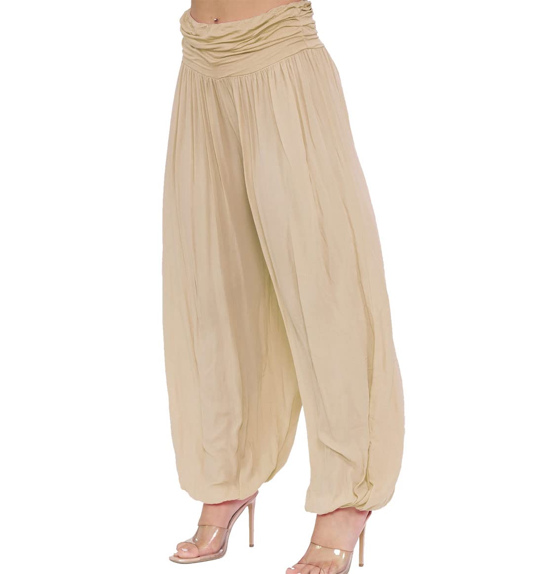 FAIRY BOUTIQUE Womens Italian Paisley Print Ali Baba Harem Baggy Trouser Ladies Lagenlook Casual Summer Wear Pleated Pants Beige